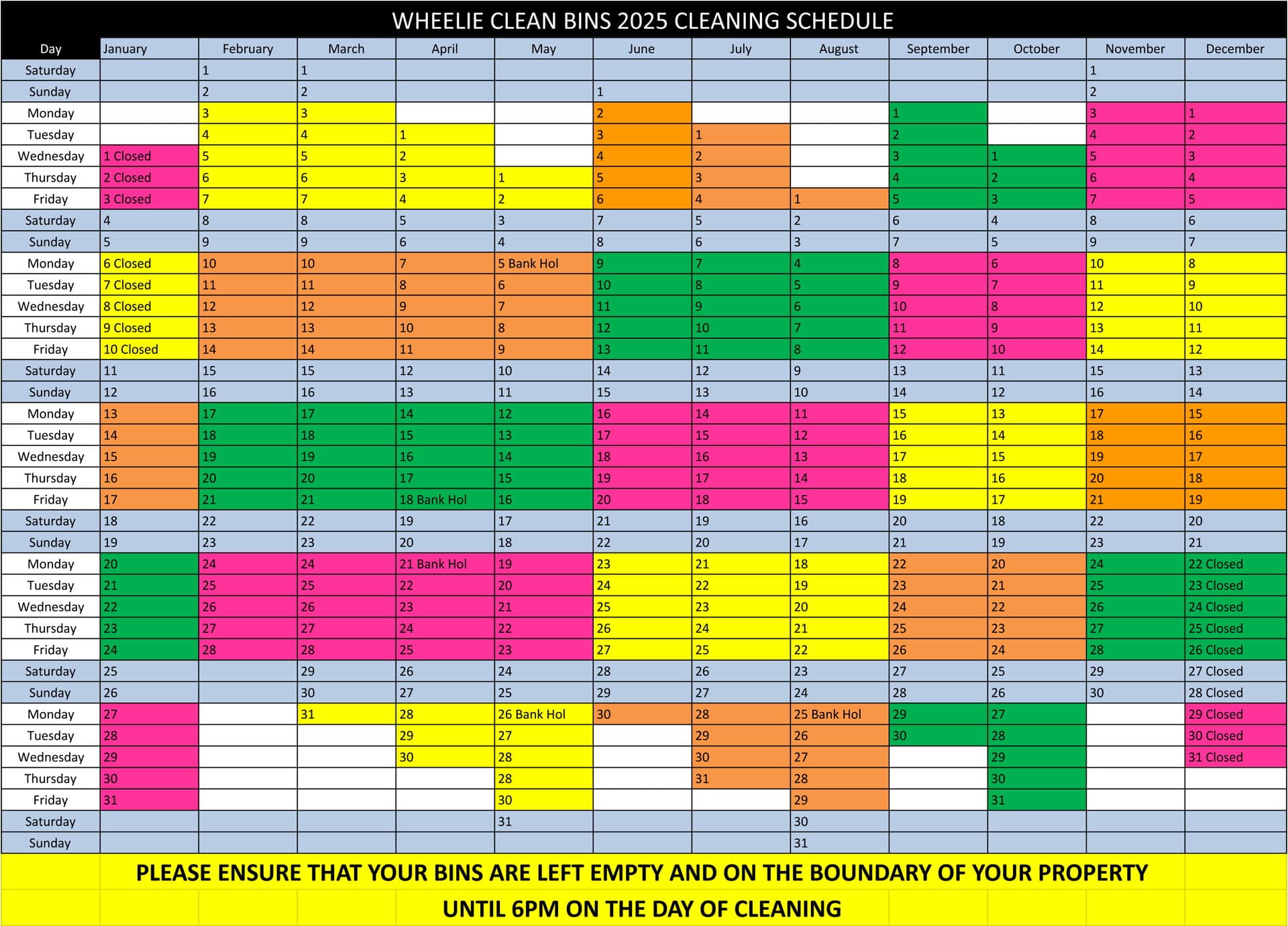 2025 Cleaning Schedule