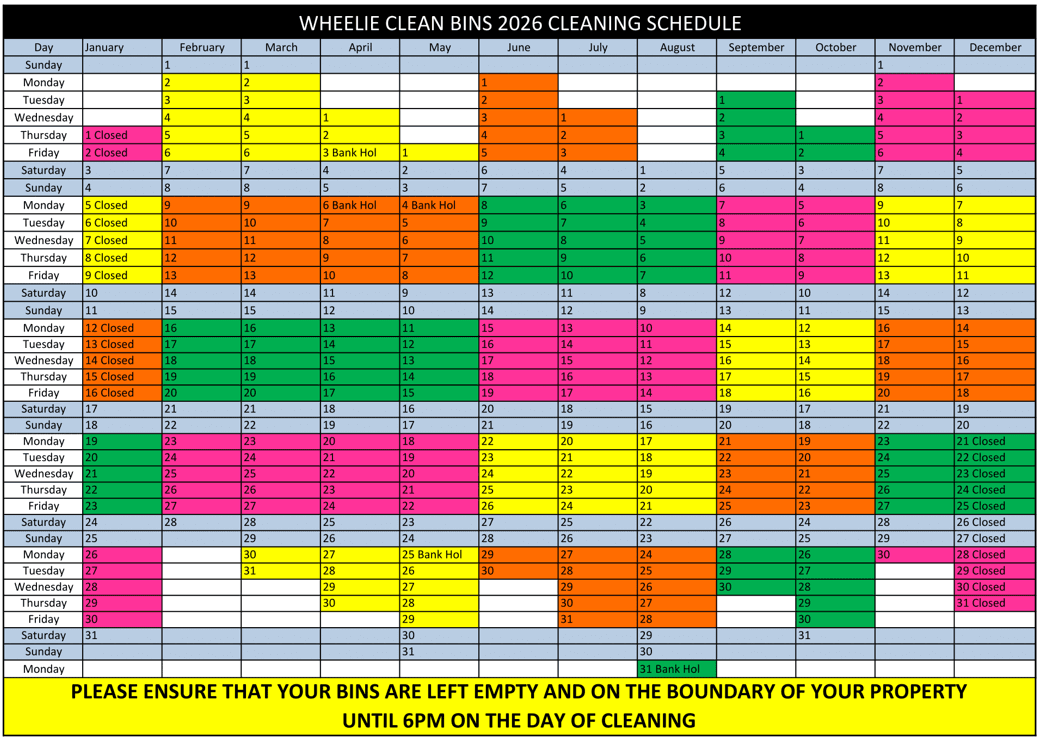 2026 Cleaning Schedule